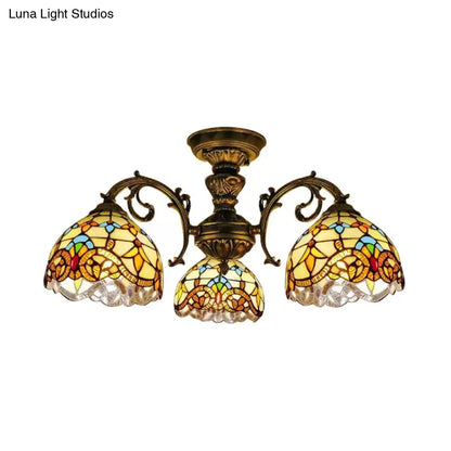 DecorBites™ DecorBites™ Baroque Semi Flush Ceiling Light in Aged Brass with Stained Glass Dome Shade