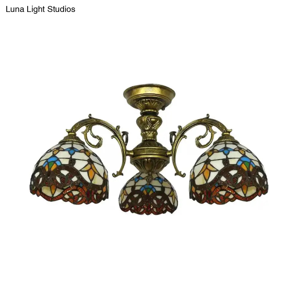 DecorBites™ DecorBites™ Baroque Semi Flush Ceiling Light in Aged Brass with Stained Glass Dome Shade
