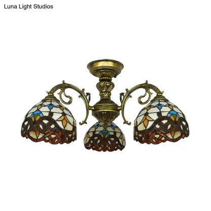 DecorBites™ DecorBites™ Baroque Semi Flush Ceiling Light in Aged Brass with Stained Glass Dome Shade