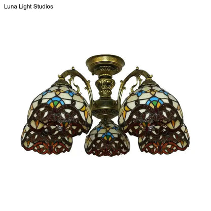 DecorBites™ DecorBites™ Baroque Semi Flush Ceiling Light in Aged Brass with Stained Glass Dome Shade