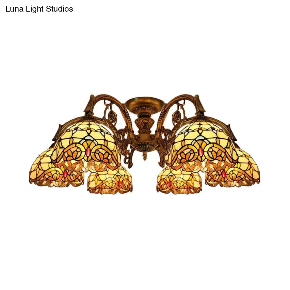 DecorBites™ DecorBites™ Baroque Semi Flush Ceiling Light in Aged Brass with Stained Glass Dome Shade