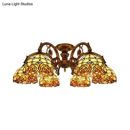 DecorBites™ DecorBites™ Baroque Semi Flush Ceiling Light in Aged Brass with Stained Glass Dome Shade