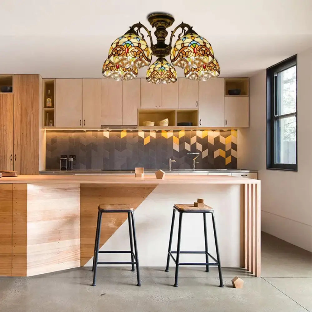 DecorBites™ DecorBites™ Baroque Semi Flush Ceiling Light in Aged Brass with Stained Glass Dome Shade