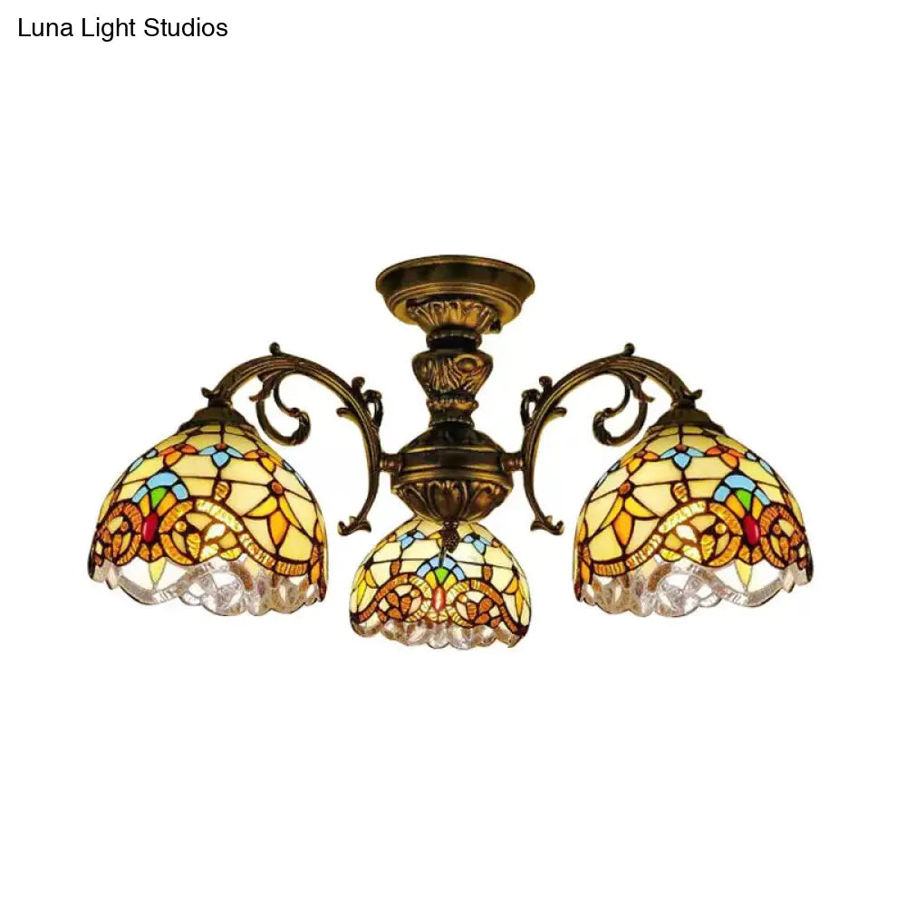DecorBites™ DecorBites™ Baroque Semi Flush Ceiling Light in Aged Brass with Stained Glass Dome Shade