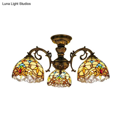 DecorBites™ DecorBites™ Baroque Semi Flush Ceiling Light in Aged Brass with Stained Glass Dome Shade