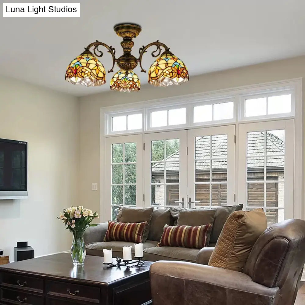 DecorBites™ DecorBites™ Baroque Semi Flush Ceiling Light in Aged Brass with Stained Glass Dome Shade