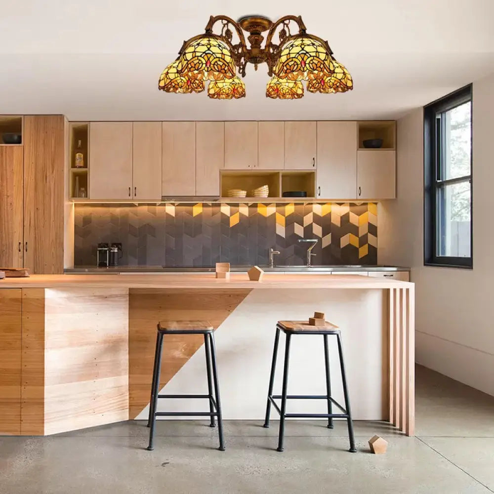 DecorBites™ DecorBites™ Baroque Semi Flush Ceiling Light in Aged Brass with Stained Glass Dome Shade