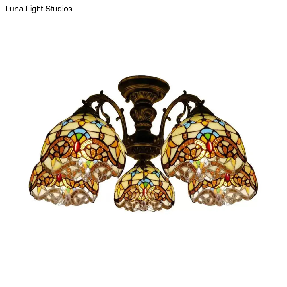 DecorBites™ DecorBites™ Baroque Semi Flush Ceiling Light in Aged Brass with Stained Glass Dome Shade
