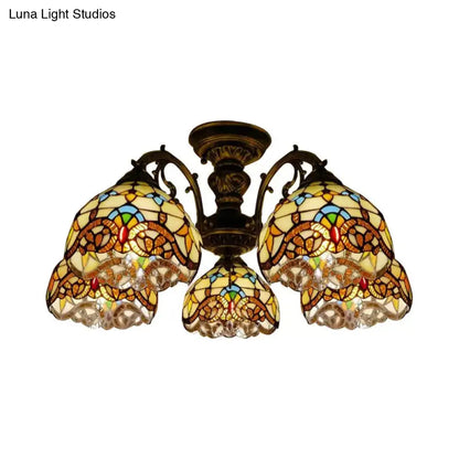DecorBites™ DecorBites™ Baroque Semi Flush Ceiling Light in Aged Brass with Stained Glass Dome Shade