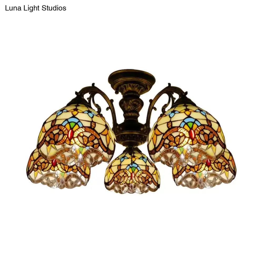 DecorBites™ DecorBites™ Baroque Semi Flush Ceiling Light in Aged Brass with Stained Glass Dome Shade