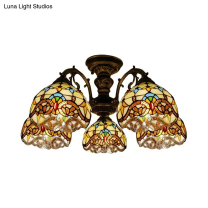 DecorBites™ DecorBites™ Baroque Semi Flush Ceiling Light in Aged Brass with Stained Glass Dome Shade