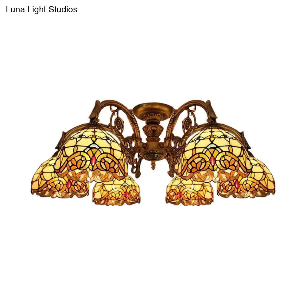 DecorBites™ DecorBites™ Baroque Semi Flush Ceiling Light in Aged Brass with Stained Glass Dome Shade