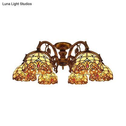 DecorBites™ DecorBites™ Baroque Semi Flush Ceiling Light in Aged Brass with Stained Glass Dome Shade