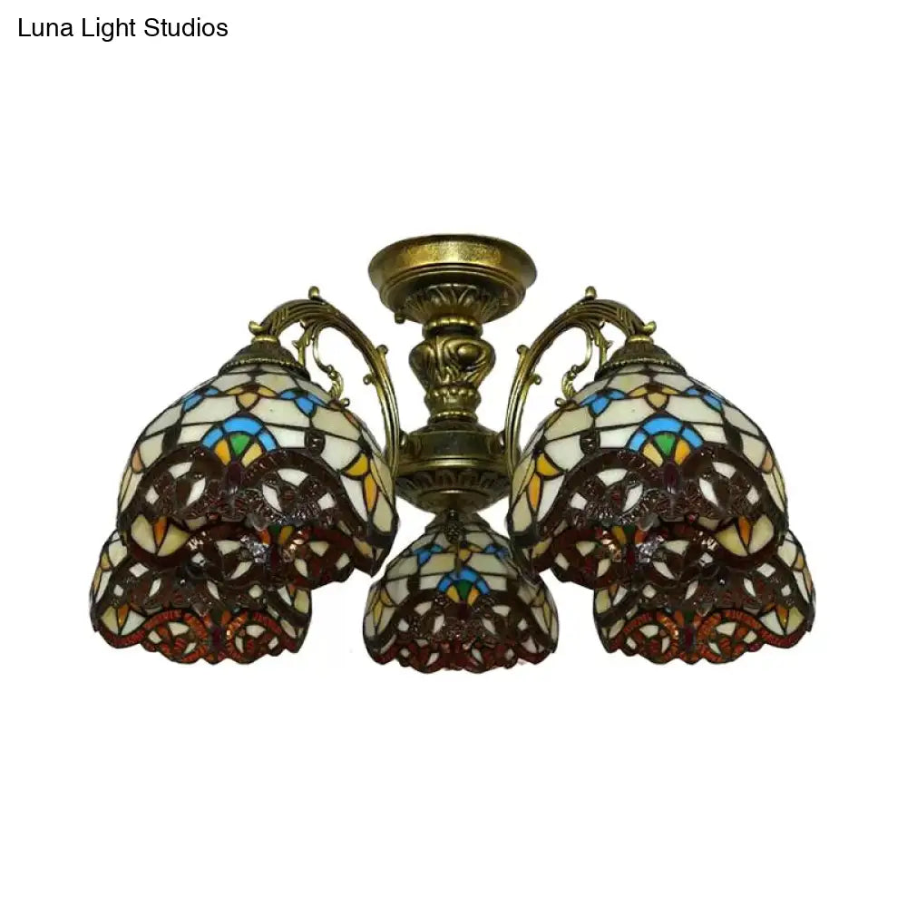 DecorBites™ DecorBites™ Baroque Semi Flush Ceiling Light in Aged Brass with Stained Glass Dome Shade