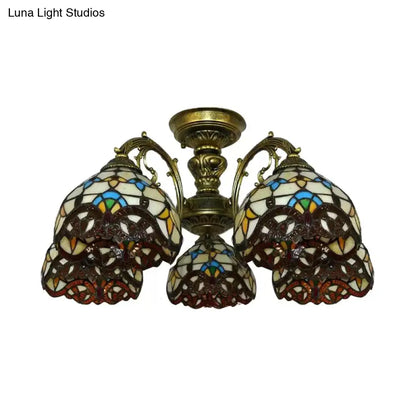 DecorBites™ DecorBites™ Baroque Semi Flush Ceiling Light in Aged Brass with Stained Glass Dome Shade