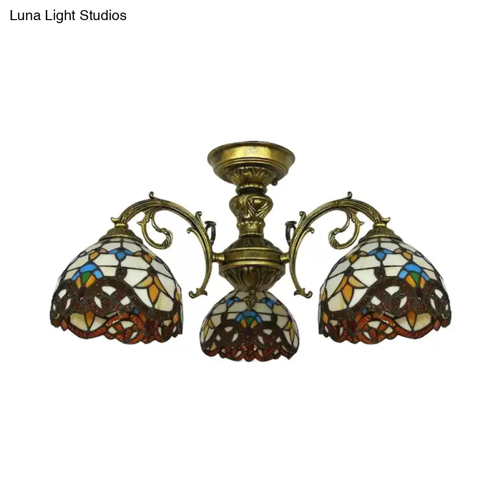 DecorBites™ DecorBites™ Baroque Semi Flush Ceiling Light in Aged Brass with Stained Glass Dome Shade