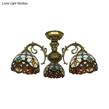 DecorBites™ DecorBites™ Baroque Semi Flush Ceiling Light in Aged Brass with Stained Glass Dome Shade