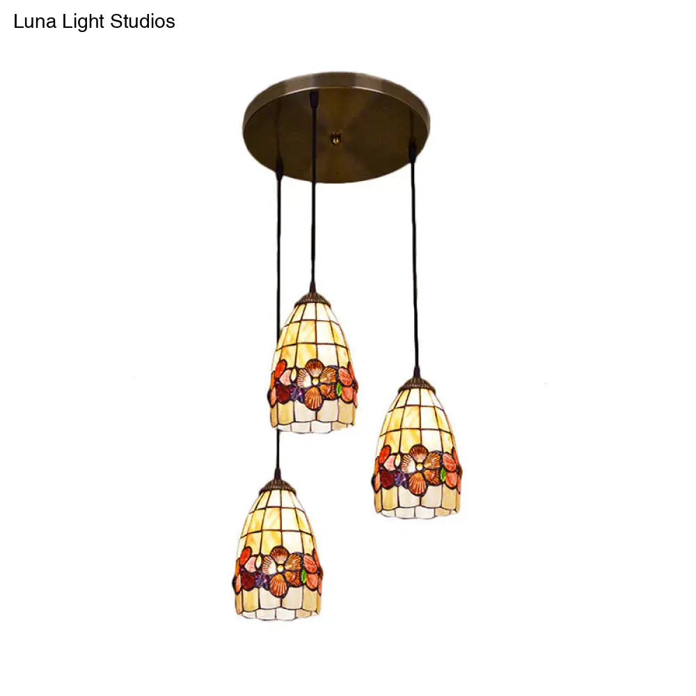 Baroque Shell Bell Pendant Light with 3 Yellow Bulbs and Linear/Round Canopy