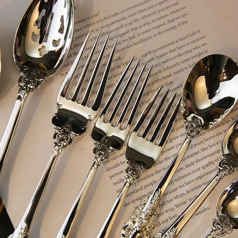 Elegant decorbites baroque silver cutlery set 10 pcs with ornate vintage-inspired handles and polished reflective surfaces