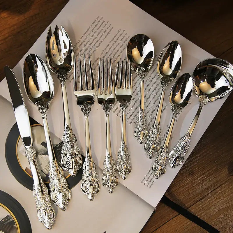 Elegant silver cutlery set with ornate floral handles and polished surfaces from decorbites baroque silver collection