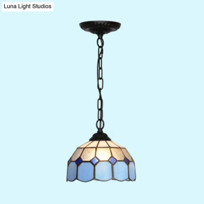 Baroque Stained Glass Ceiling Light Fixture in Black/White/Blue for Dining Room - 1 Head Suspension