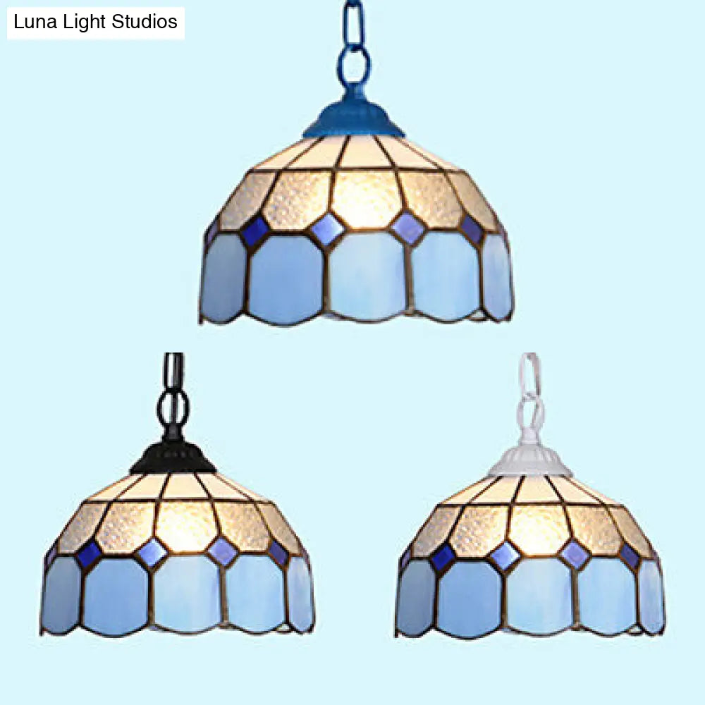 Baroque Stained Glass Ceiling Light Fixture in Black/White/Blue for Dining Room - 1 Head Suspension