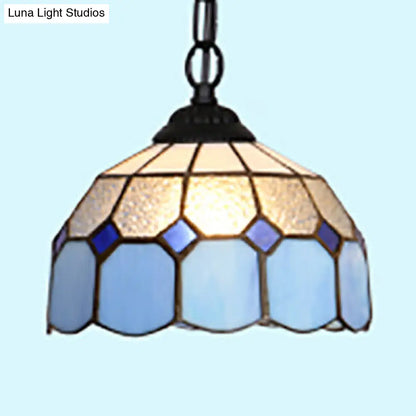 Baroque Stained Glass Ceiling Light Fixture in Black/White/Blue for Dining Room - 1 Head Suspension