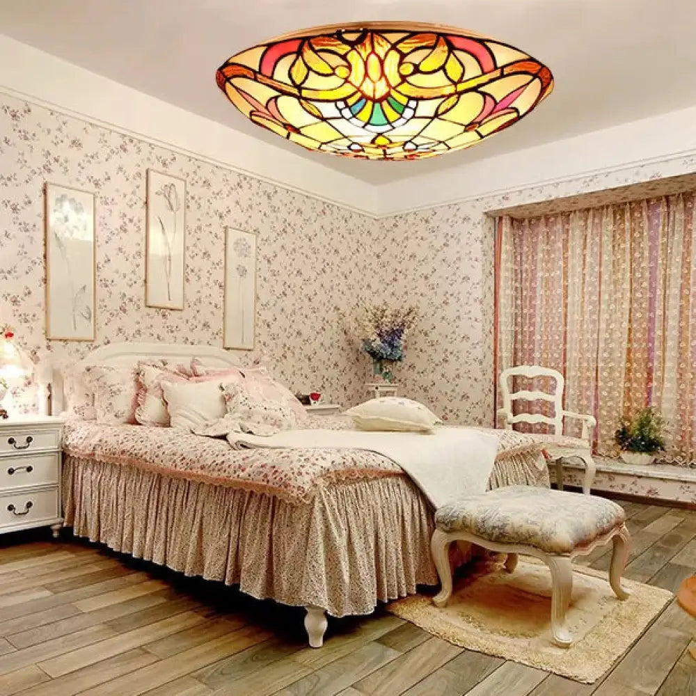 DecorBites™ DecorBites™ Baroque Stained Glass Ceiling Light with Jewel Decoration - Flush Mount Bowl Shade