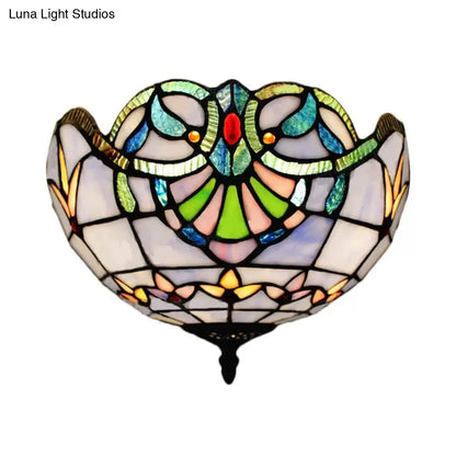 Baroque Stained Glass Flush Mount Ceiling Light, Aged Brass Finish with Jeweled Décor, Ideal for Bedroom (2-Light)