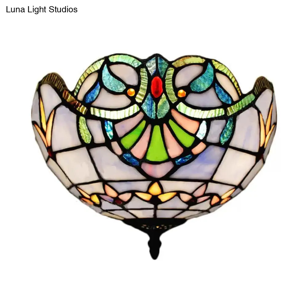 Baroque Stained Glass Flush Mount Ceiling Light, Aged Brass Finish with Jeweled Décor, Ideal for Bedroom (2-Light)