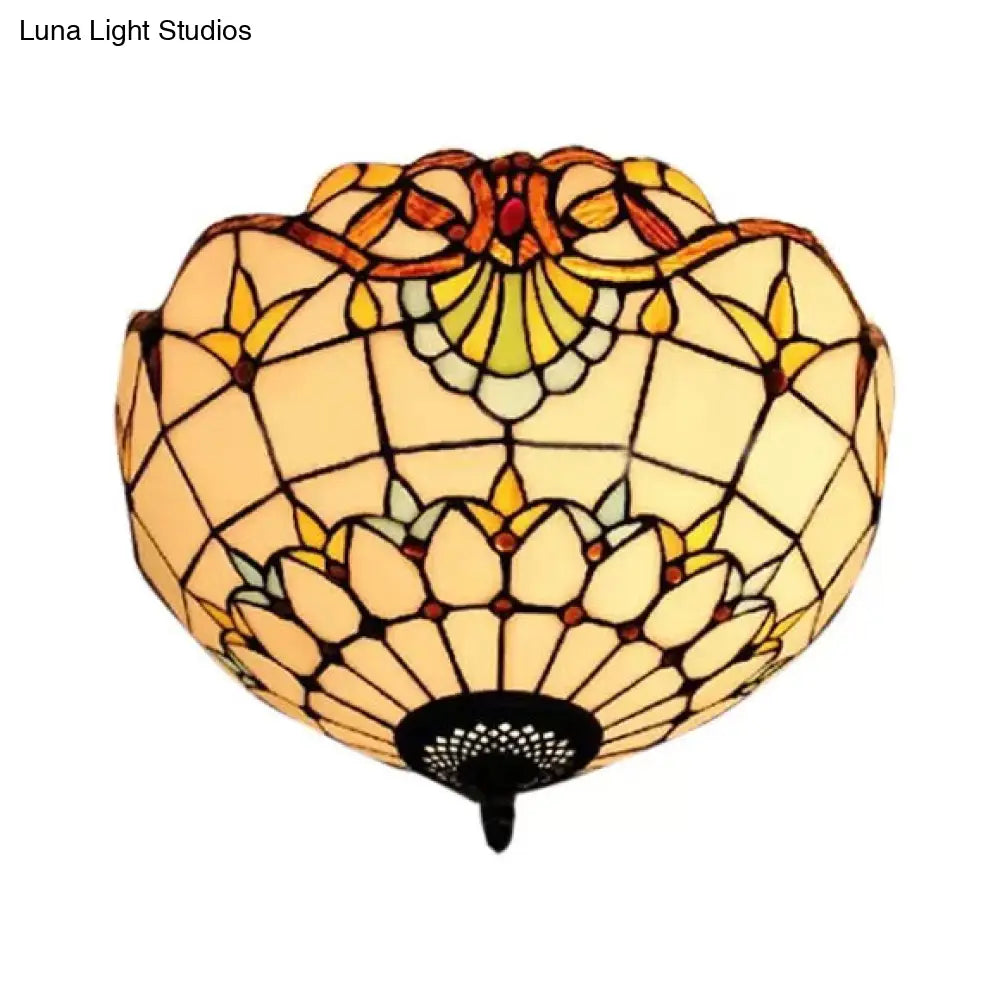 Baroque Stained Glass Flush Mount Ceiling Light, Aged Brass Finish with Jeweled Décor, Ideal for Bedroom (2-Light)