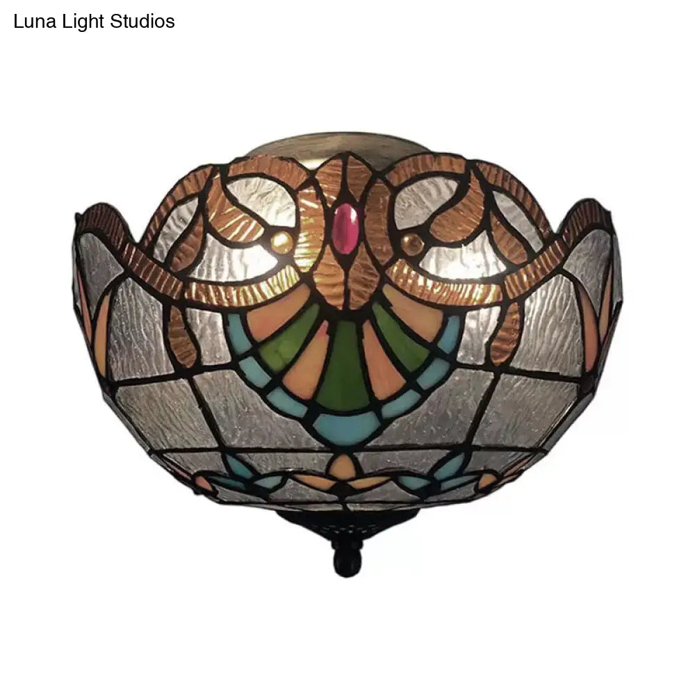 Baroque Stained Glass Flush Mount Ceiling Light, Aged Brass Finish with Jeweled Décor, Ideal for Bedroom (2-Light)