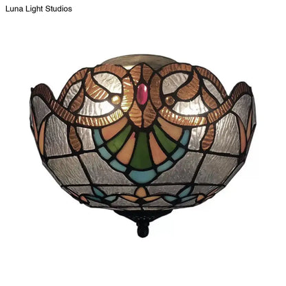 Baroque Stained Glass Flush Mount Ceiling Light, Aged Brass Finish with Jeweled Décor, Ideal for Bedroom (2-Light)