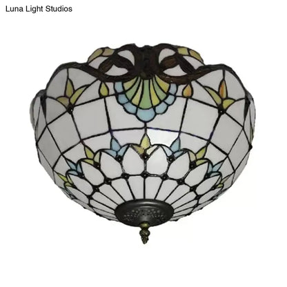 Baroque Stained Glass Flush Mount Ceiling Light, Aged Brass Finish with Jeweled Décor, Ideal for Bedroom (2-Light)