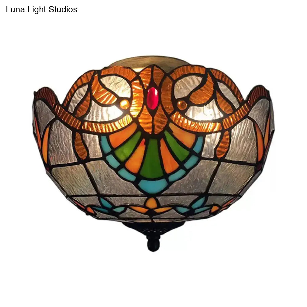 Baroque Stained Glass Flush Mount Ceiling Light, Aged Brass Finish with Jeweled Décor, Ideal for Bedroom (2-Light)