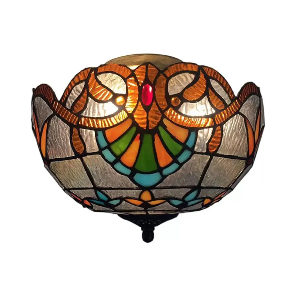 Baroque Stained Glass Flush Mount Ceiling Light, Aged Brass Finish with Jeweled Décor, Ideal for Bedroom (2-Light)