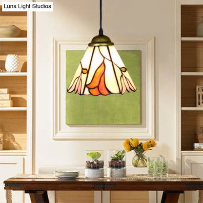 Baroque Stained Glass Pendant Light in Orange Pink for Dining Room