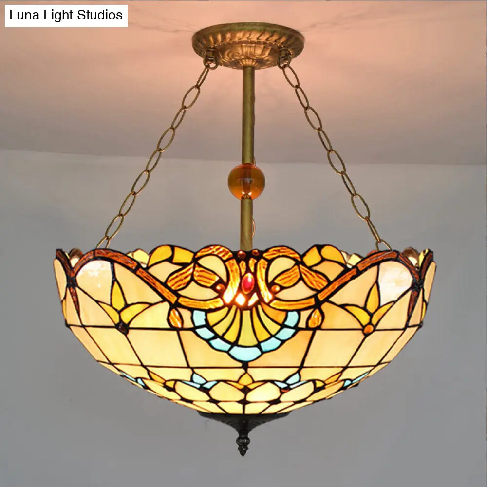 Baroque Stained Glass Semi Flush Mount Light with 3 Brass Lights