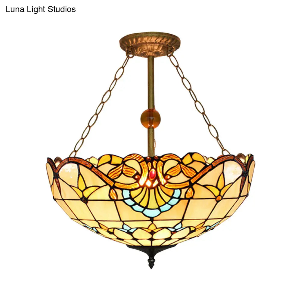 Baroque Stained Glass Semi Flush Mount Light with 3 Brass Lights