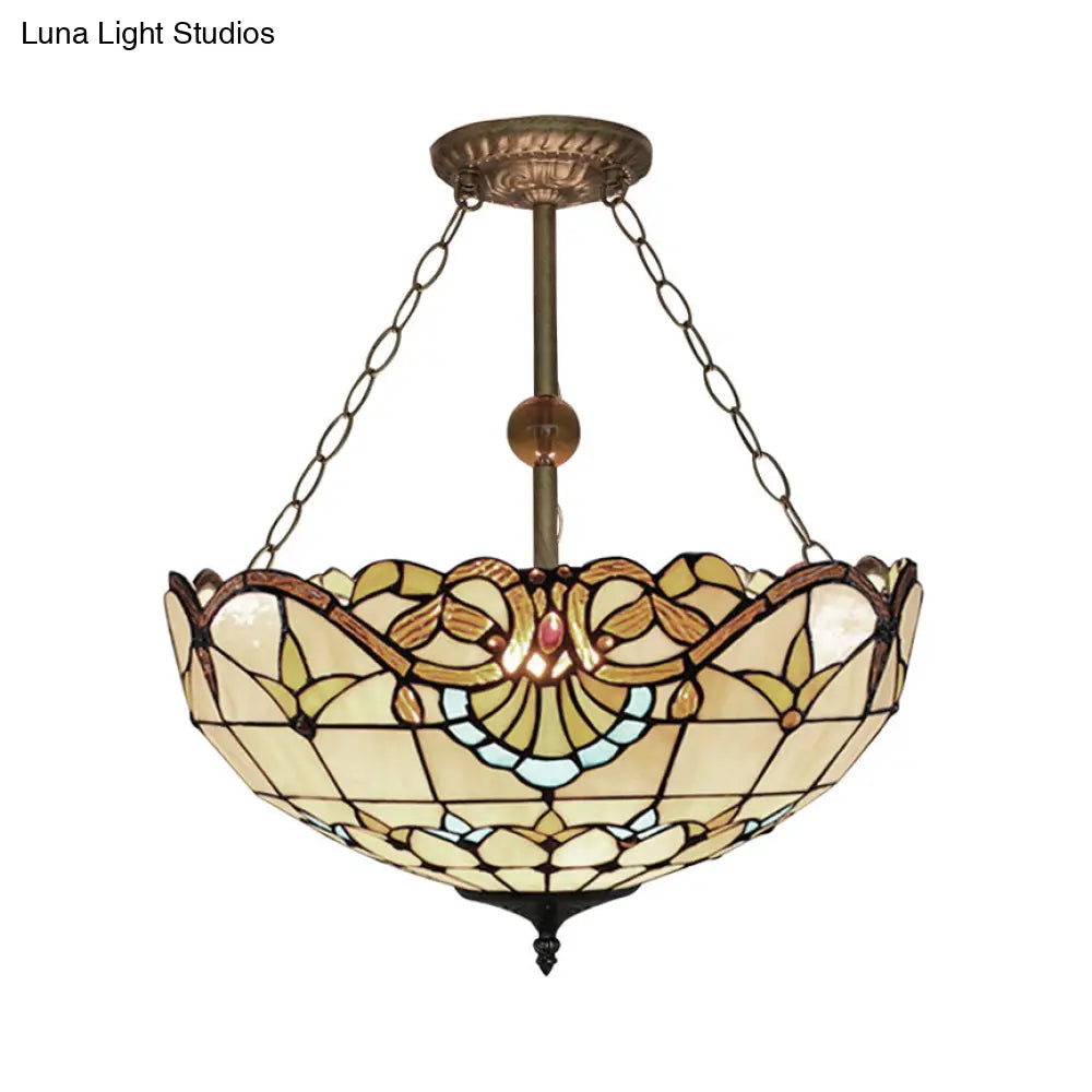 Baroque Stained Glass Semi Flush Mount Light with 3 Brass Lights