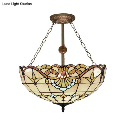 Baroque Stained Glass Semi Flush Mount Light with 3 Brass Lights