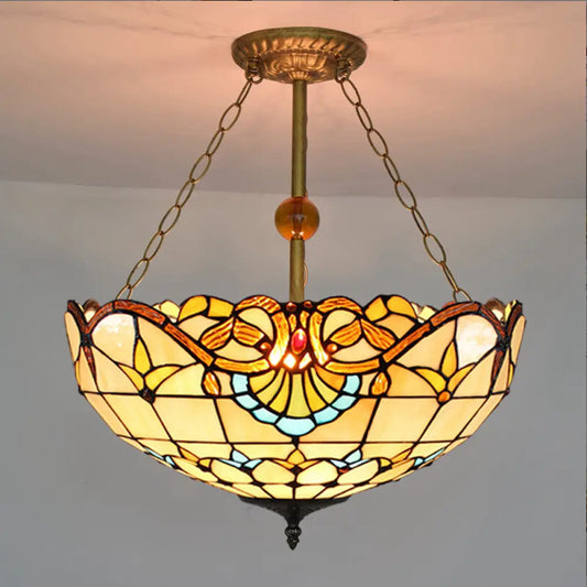 Baroque Stained Glass Semi Flush Mount Light with 3 Brass Lights