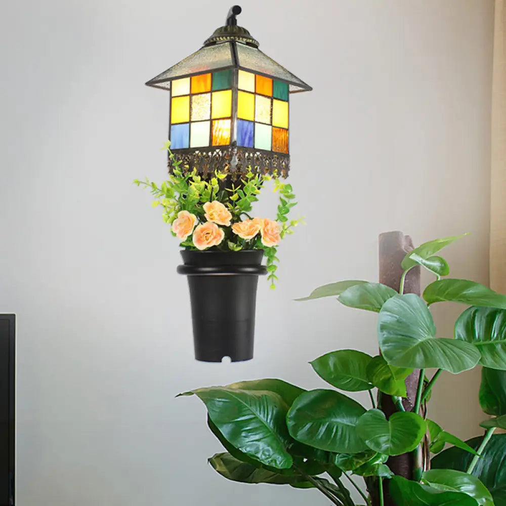 Baroque Stained Glass Wall Sconce with Flower Decoration - Clear/Blue Light