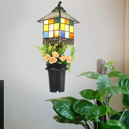 Baroque Stained Glass Wall Sconce with Flower Decoration - Clear/Blue Light