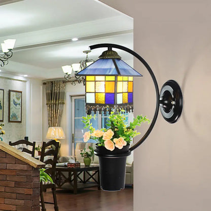 Baroque Stained Glass Wall Sconce with Flower Decoration - Clear/Blue Light