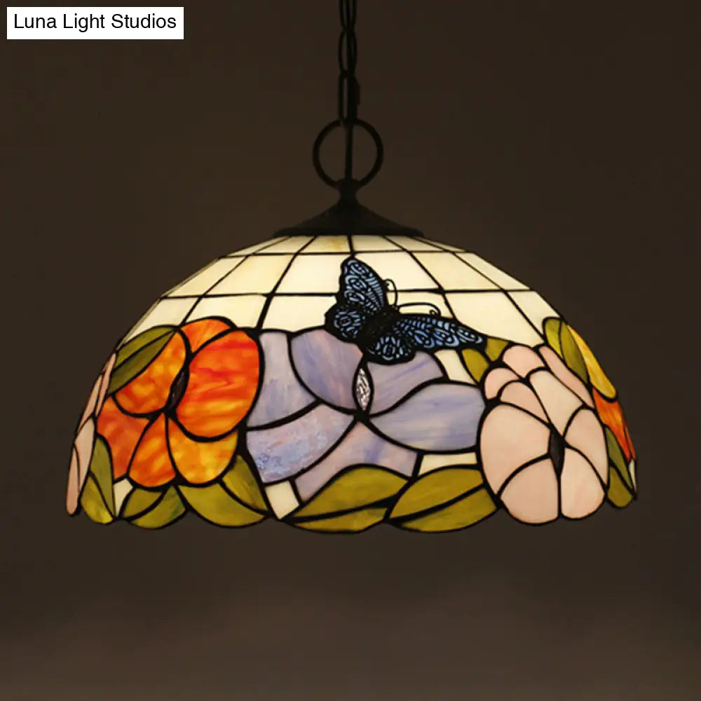 Baroque Style Black Stained Glass Chandelier Pendant Light with 3 Bulbs and Petal Pattern