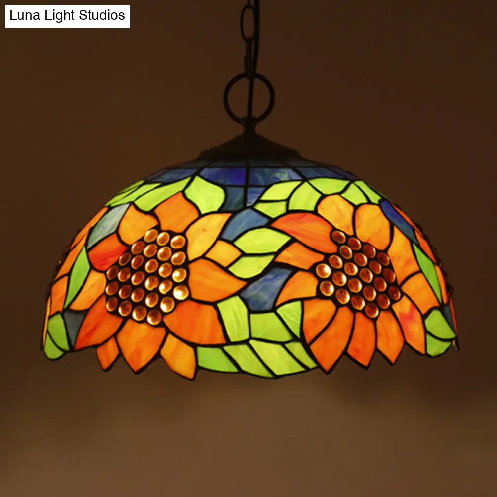 Baroque Style Black Stained Glass Chandelier Pendant Light with 3 Bulbs and Petal Pattern