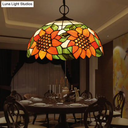 Baroque Style Black Stained Glass Chandelier Pendant Light with 3 Bulbs and Petal Pattern