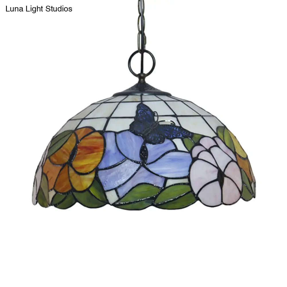 Baroque Style Black Stained Glass Chandelier Pendant Light with 3 Bulbs and Petal Pattern