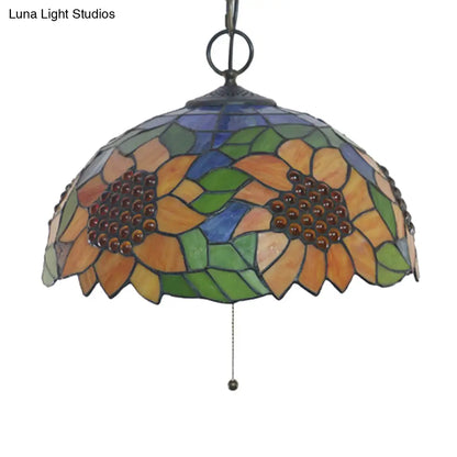 Baroque Style Black Stained Glass Chandelier Pendant Light with 3 Bulbs and Petal Pattern